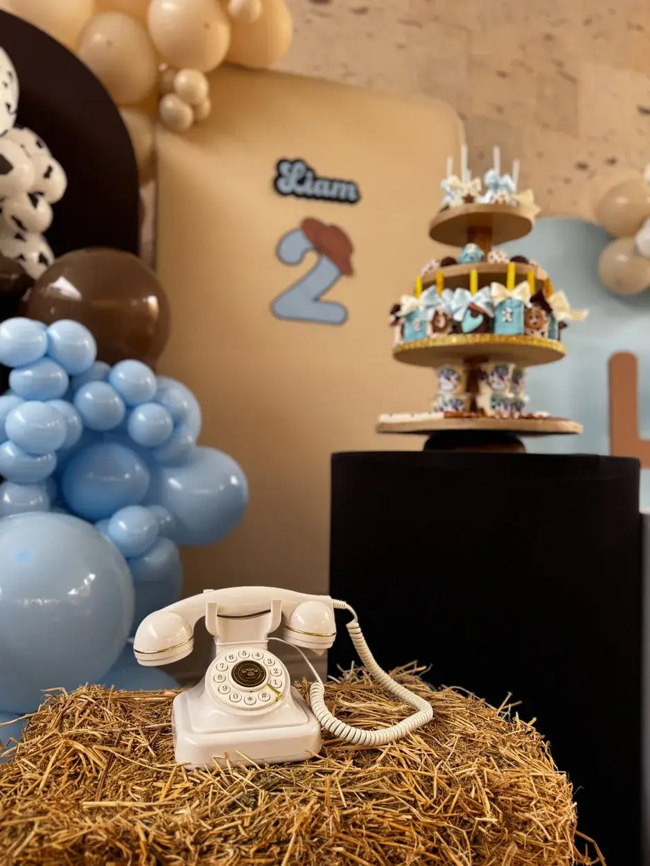 Audio Guest Book con teléfono retro blanco sobre paca de paja en cumpleaños western Liam 2 años